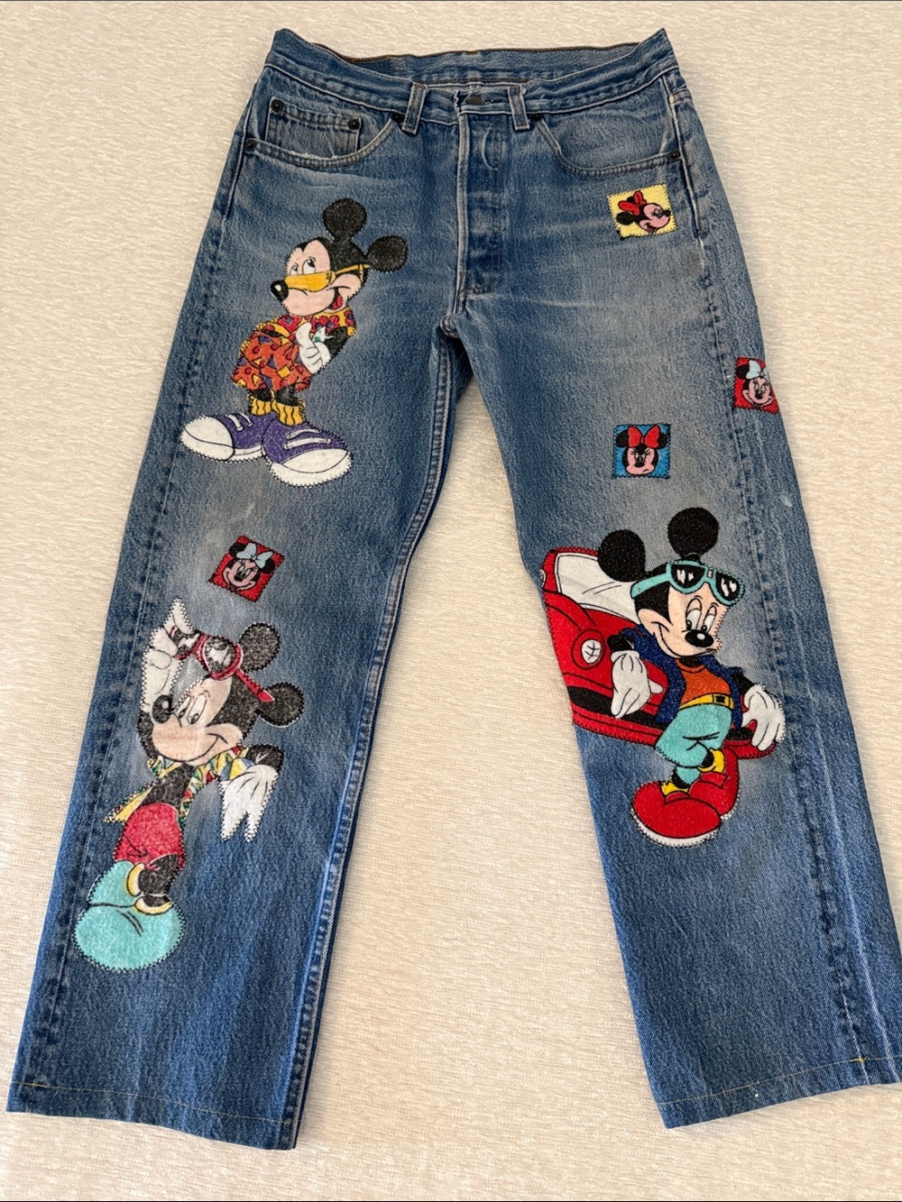 Straight-Leg Embroidered 1990’s Vintage Mickey Mouse Denim Jeans - Blue